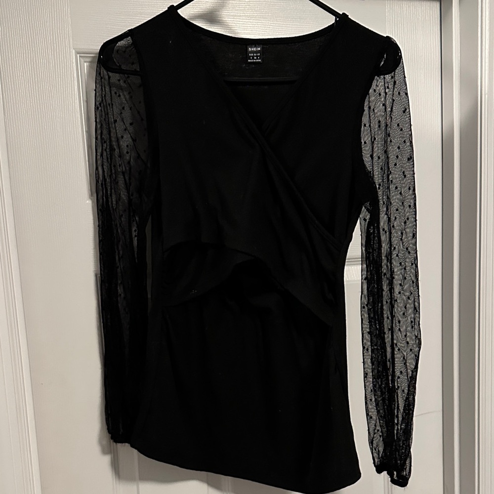 SHEIN Black Sheer Polka-Dot Sleeve Nursing Wrap Top. Small